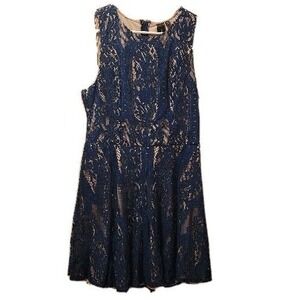 Trixxi Womens Large Dress Blue Lace Over Cream Sleeveless